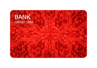 Red credit card featuring a glowing electronic circuit board design, symbolizing modern digital finance, secure transactions, and technological banking advancements.