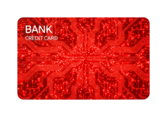 Red credit card featuring a glowing electronic circuit board design, symbolizing modern digital finance, secure transactions, and technological banking advancements.