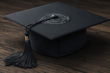 Elegant black graduation cap resting on a wooden table, symbolizing academic achievement and a milestone moment in one's educational journey