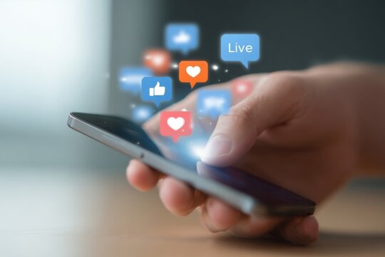 Engagement through smartphone as a man interacts with social media and likes while sitting indoors during the day - Powered by Adobe