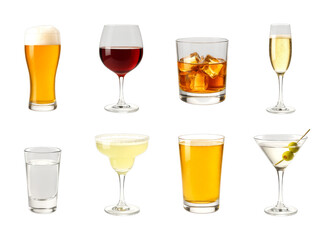 Various alcoholic beverages in different glasses arranged in a collection, showcasing a diverse range of popular drinks for parties, celebrations, and social gatherings.