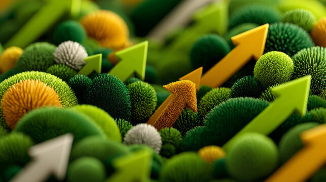 Abstract growing arrows on green background with mock up place. Success, progress and result concept. 3D Rendering