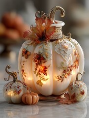 Stunning carved pumpkin featuring golden autumn leaves high resolution picture