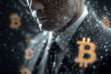 Businessman engaged in blockchain technology discussing cryptocurrency trends and opportunities at a conference in a modern office setting