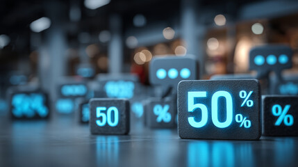 Online shopping, discount and sale concept with blue digital glowing 50 icon on dark background with speech bubbles with percent sign. 3D rendering