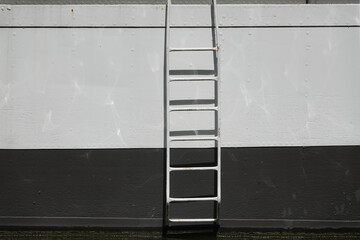 A white metal ladder stands upright against a gray wall, creating a stark visual contrast. © Iryna