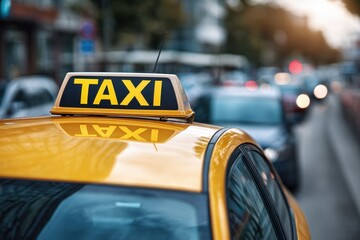 Luminous taxi top sign lights up in the daytime, marking a busy street filled with cars and city life