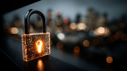 Creative glowing padlock hologram on blurry city background with various icons. Safety and security concept. Double exposure