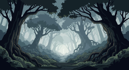 A dark, mysterious forest path winding through ancient, gnarled trees with exposed roots and a misty, ethereal background.