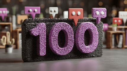 Hot sale, 100 percent of and online shopping concept with purple digital glowing 100 icon on dark background with speech bubbles. 3D rendering