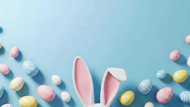 Happy easter bunny ears and colorful eggs on blue background glory easter celebration