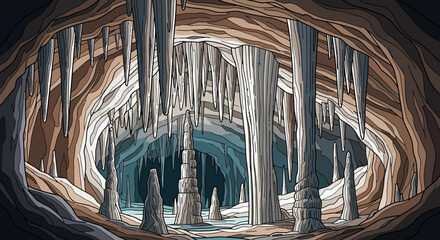 Vast cave interior with numerous stalactites and stalagmites, featuring a small stream and an illustrative art style.
