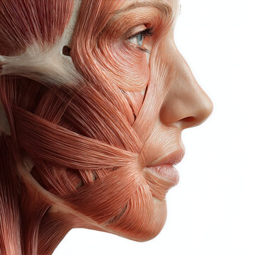 Detailed 3D Medical Illustration of Human Female Facial Muscle Anatomy