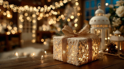 Christmas gift box with fairy lights