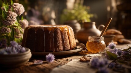 Honey-Glazed Bundt Cake with Rustic Floral Styling and Natural Ingredients in Warm Light