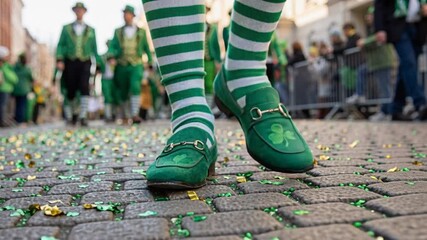 Person's feet wearing green shoes with shamrocks walking on a street with blurred people in the background wearing leprechaun costumes at st. Patrick's day parade, camera tracking backwards
