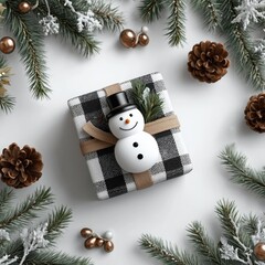 Snowman Ornament on Wrapped Gift Box with Pine Branches and Ornaments