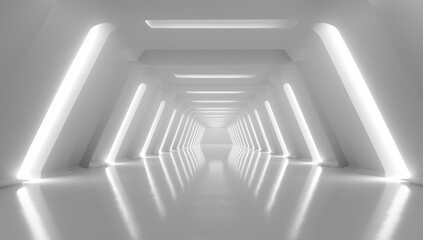 Long White Corridor with Bright Lights and Reflections