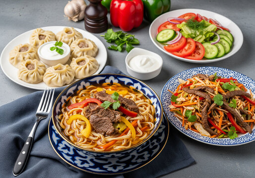 dishes of Uzbek cuisine lagman, manti, salad achik chuchuk, asian spicy salad with beef and vegetables on grey table