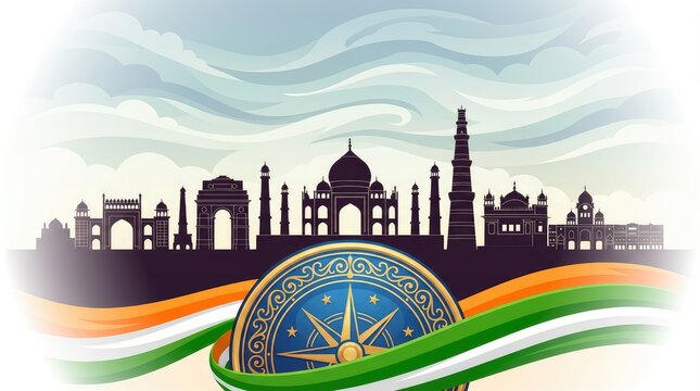 City skyline silhouette with arches, domes, and towers above a globe over orange, white, and green stripes - Powered by Adobe