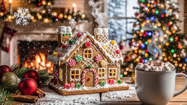 Decorated gingerbread house with decorations christmas tree fireplace background
