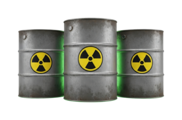 Three metallic radioactive waste barrels displaying prominent hazard symbols and emitting a subtle green glow from their base, signifying dangerous materials.