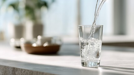 Pouring fresh drinking water into a clear glass, creating refreshing bubbles, promoting healthy hydration and a clean lifestyle in a bright indoor setting