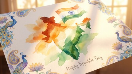 A white surface shows a colorful abstract indian flag design with orange, green, and red hues, plus some blue shapes on the periphery