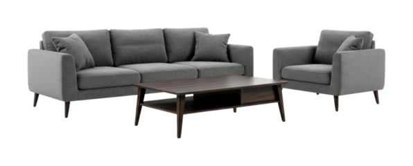 Modern gray fabric sofa armchair and coffee table set, featuring contemporary design and comfortable seating for a stylish living room interior.