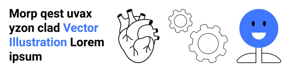 Fototapeta premium Health technology, teamwork, anatomy, innovation, human-machine interaction, problem-solving. Black-and-white human heart, machine gears blue smiling face. Health technology and teamwork concept