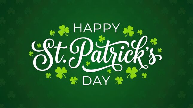Happy st patricks day text with shamrocks and star shapes on a green background for the festive celebration