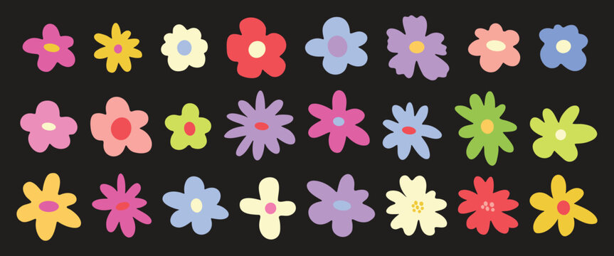 Hand drawn botanical set of abstract colorful spring flowers. Organic floral design in trendy cartoon retro style. Spring flowers in different shapes. Cute vector hippie funky illustration