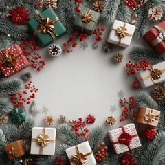 Christmas gifts and decorations on a white background with copy-space