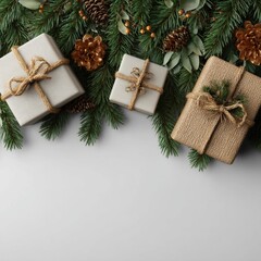 Christmas gifts and decorations on white background with copy space