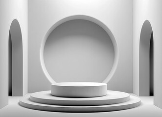 White stage with a white platform in the middle