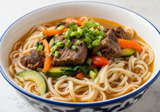 Uzbek lagman soup with noodles, meat and vegetables. Traditional Uzbek cuisine.