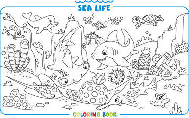 Sea theme. Big coloring book set. Kids vector