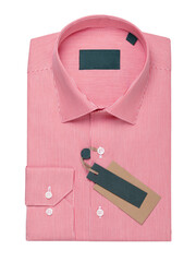 Folded white and red pinstriped long-sleeve shirt, isolated on a white background, top view