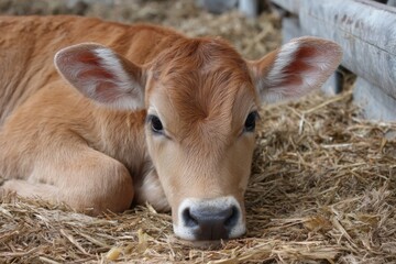 A cute young brown calf lies comfortably on a bed of hay inside a rustic barn, resting peacefully and looking straight ahead.