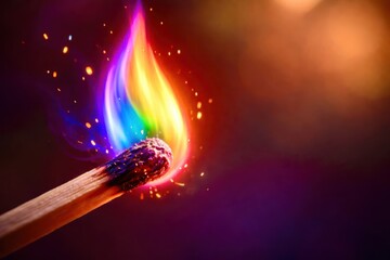 A lit matchstick with a rainbow colored flame