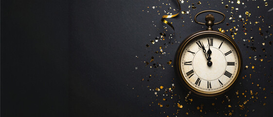 Five Minutes to Midnight Clock on Black Celebratory Background
