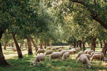 Obraz premium A peaceful flock of white sheep grazes on vibrant green grass under the shade of ancient trees in a serene rural landscape.
