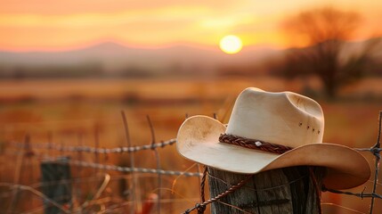 Authentic cowboy hat on rustic fence at golden hour with vibrant sunset and prairie landscape