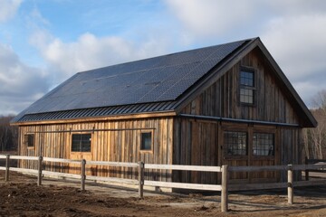 A rustic wooden barn stands in a sunny field, featuring a roof with many dark solar panels generating clean energy.