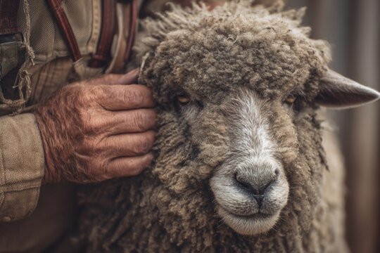 A rugged hand gently strokes the thick, brown wool of a peaceful sheep's head in a close, intimate moment. - Powered by Adobe