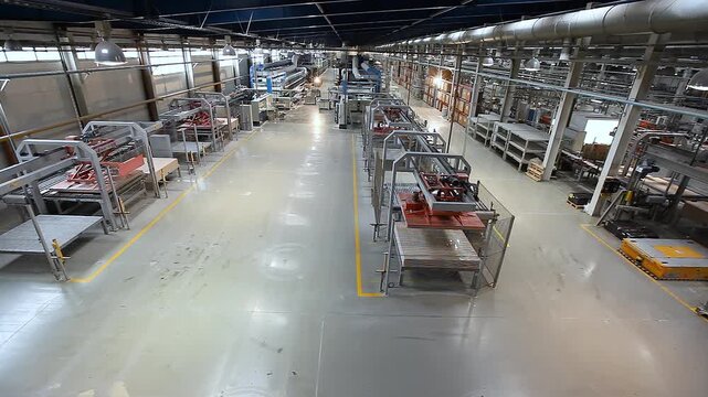 Manufacturing process of ceramic tiles. Smart factory inside. A production line or conveyor at a ceramic and porcelain tile factory. Ceramic Tile Making. Indoors 