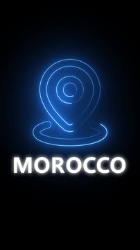 Blue neon map pin icon with the word MOROCO in white text on a dark background Morocco location