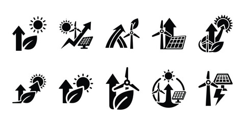 Fototapeta premium renewable energy performance icon set vector silhouette on transparent background. Ecology energy silhouette icons.