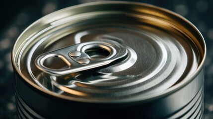 A metal can sits on a flat surface with a pull tab on top. The light reflects off the smooth surface. The focus is on the can design and the functionality of the tab.
