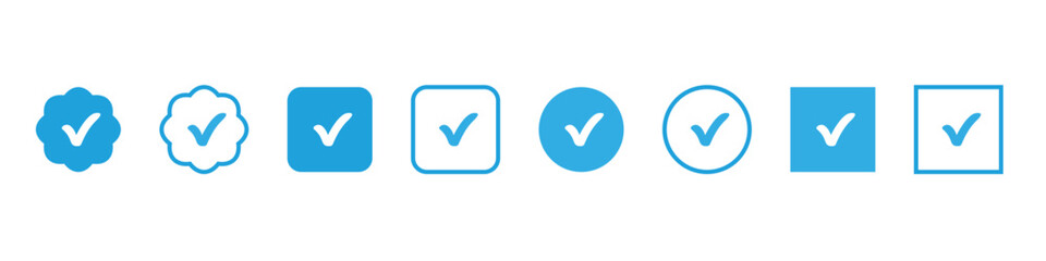 Collection of blue checkmark icons and badges in various shapes and styles © Precious